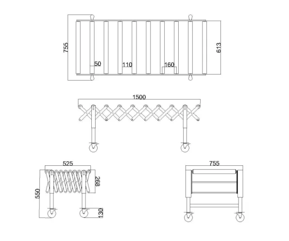 Gravity Roller Conveyor - Roller Diameter 50 mm - 1500 mm-Section - Dimension Drawing