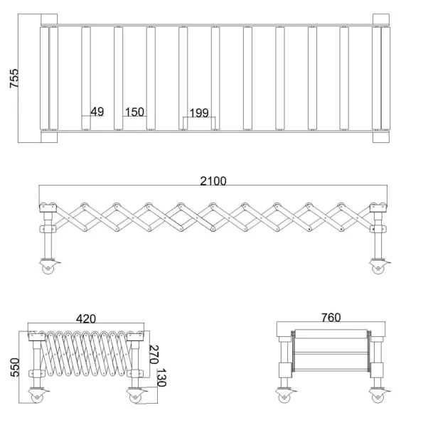Gravity Skate Wheel Conveyor - 2100 mm-Section - Dimension Drawing