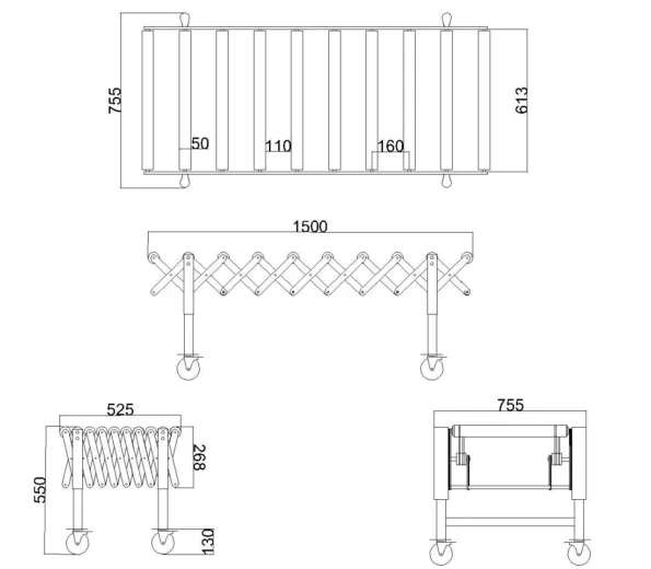 Powered Roller Conveyor - O-shaped Belt Driven - 1500 mm-Section - Dimension Drawing