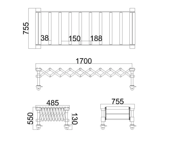Gravity Roller Conveyor - Roller Diameter 38 mm - 1700 mm-Section - Dimension Drawing