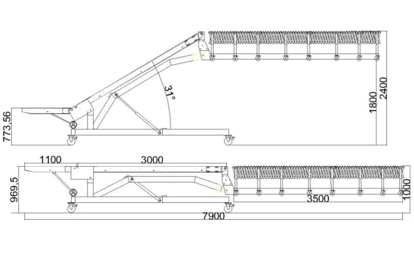 Hydraulic Conveyor - Large - 7900 mm Length - Dimension Drawing