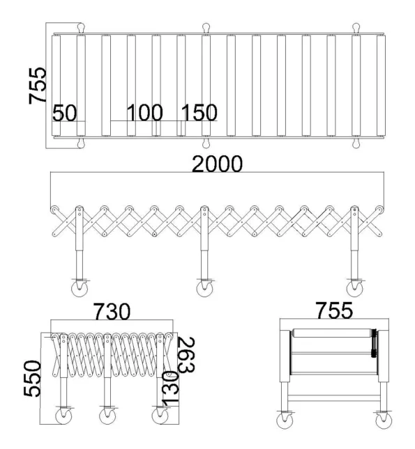 Powered Roller Conveyor - Multi-wedge Belt Driven - 2000 mm-Section - Dimension Drawing