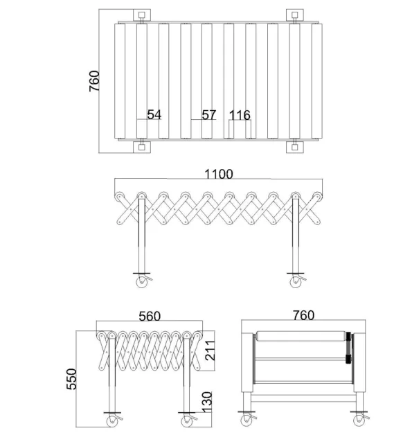 Powered Rubber Roller Conveyor - Multi-wedge Belt Driven - 1100 mm-Section - Dimension Drawing